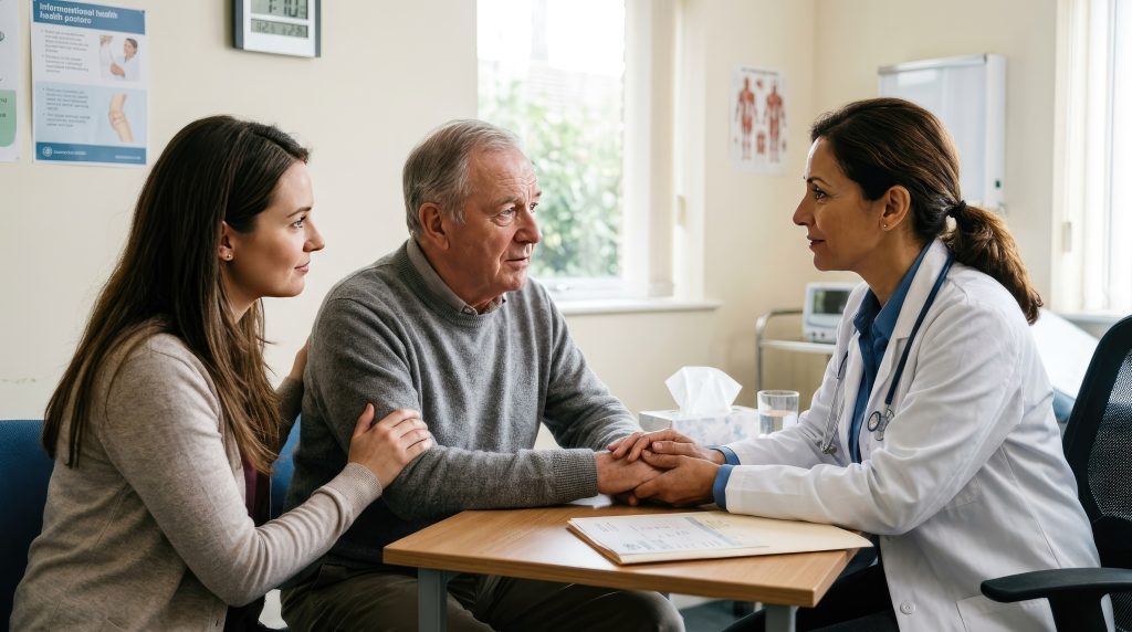 A doctor discussing hospice services with family