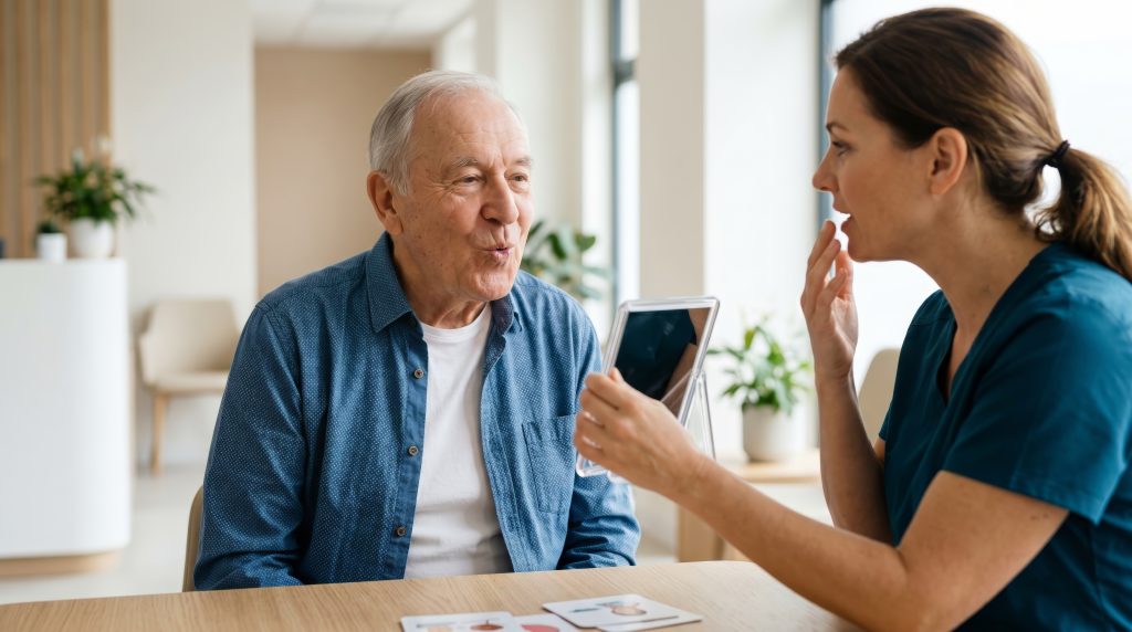 Speech Therapist helping elderly patient using mirror and cards